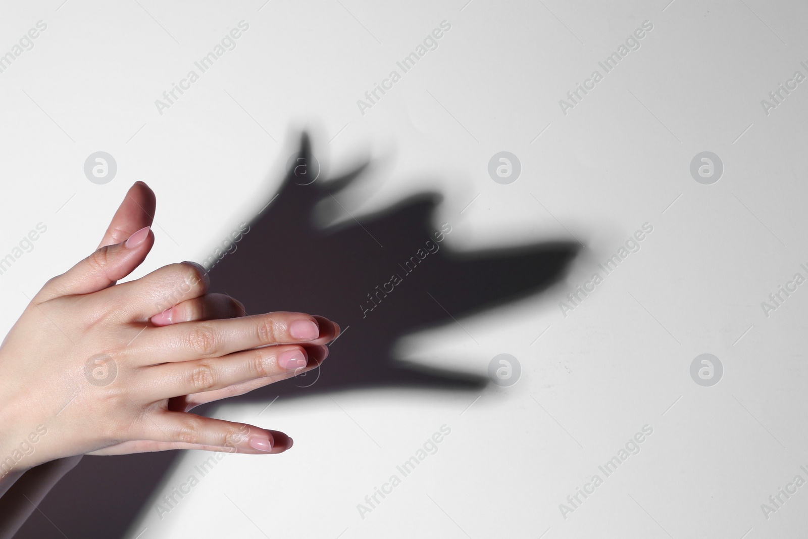 Photo of Shadow puppet. Woman making hand gesture like dog on light background, closeup. Space for text