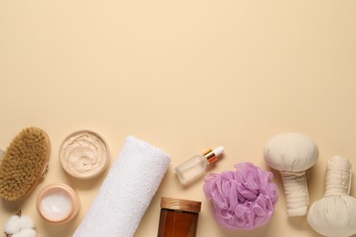 Photo of Bath accessories. Flat lay composition with personal care products on beige background, space for text