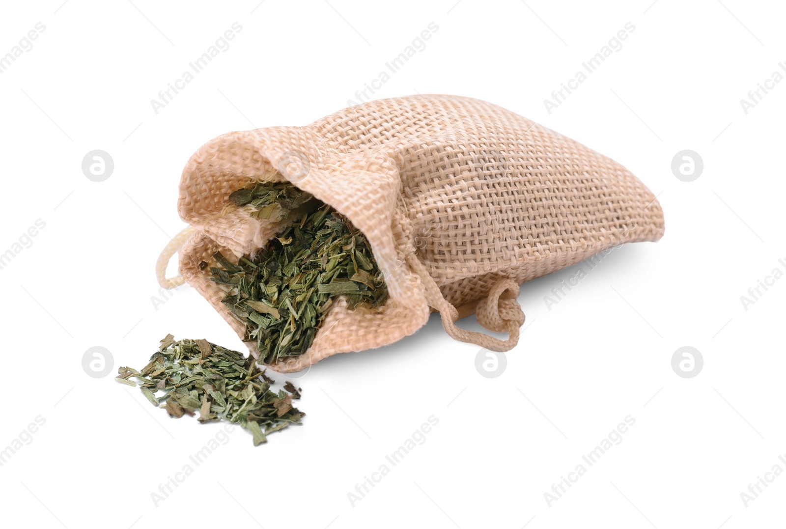 Photo of Bag with dry tarragon isolated on white