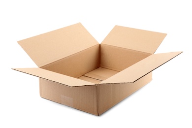 Photo of Open cardboard box on white background. Mockup for design