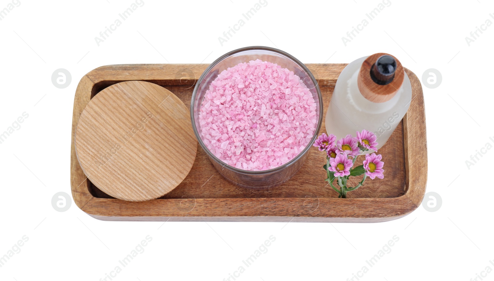 Photo of Glass container of pink sea salt, bottle with essential oil and chrysanthemum flowers isolated on white, top view