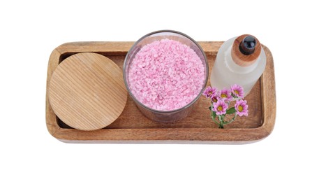 Photo of Glass container of pink sea salt, bottle with essential oil and chrysanthemum flowers isolated on white, top view