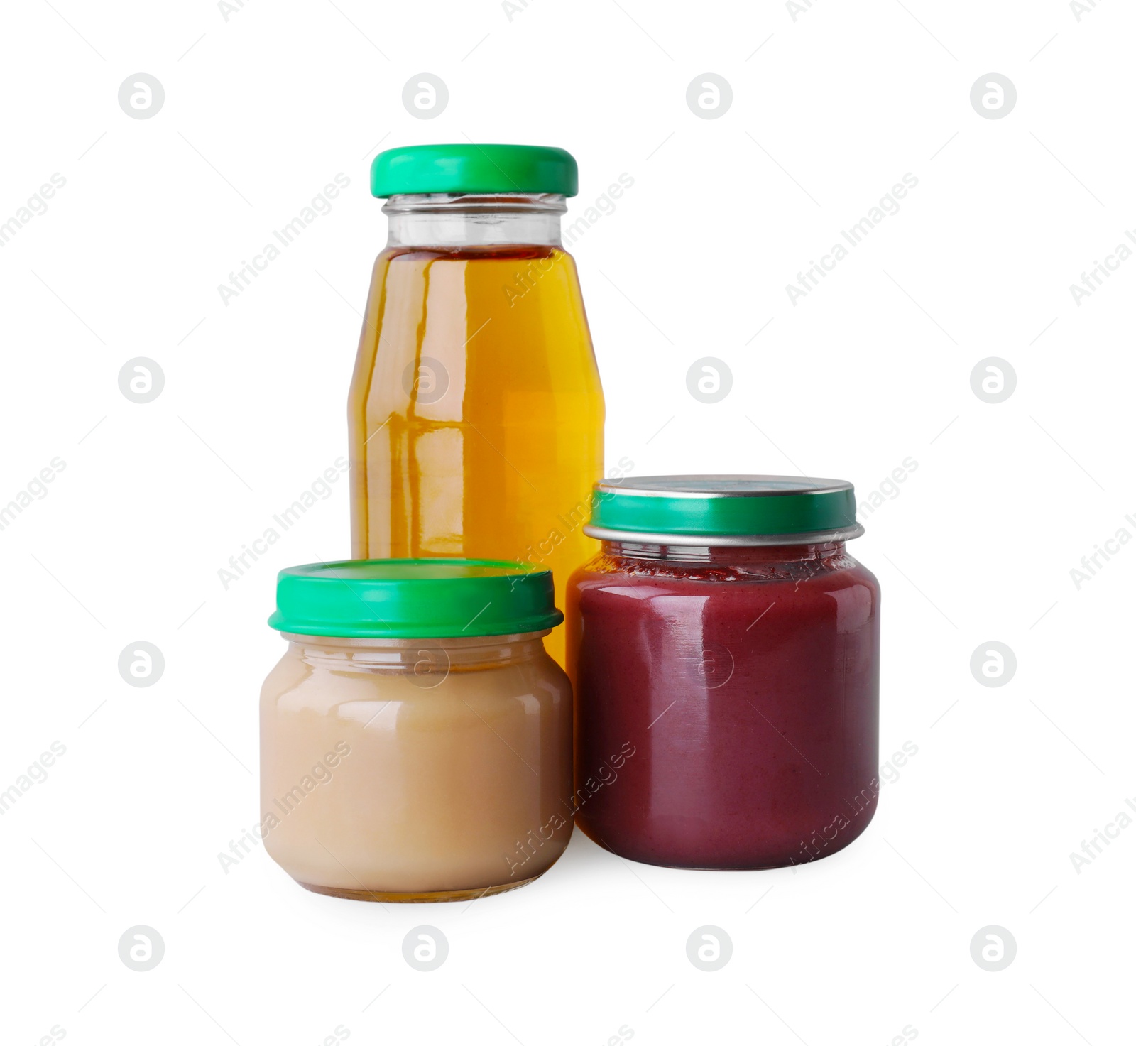 Photo of Healthy baby food and bottle with juice on light grey background