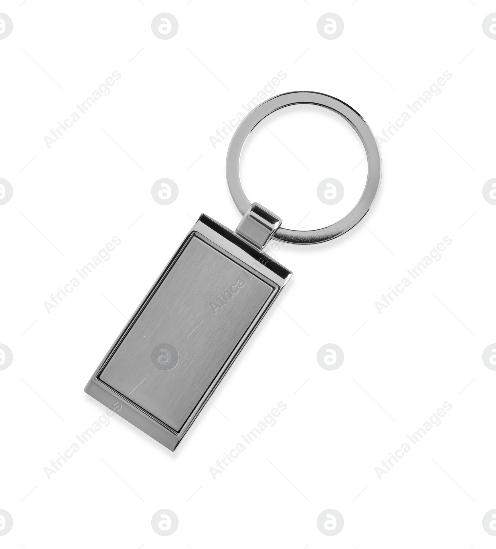 Photo of Metallic keychain isolated on white, top view