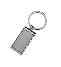 Photo of Metallic keychain isolated on white, top view