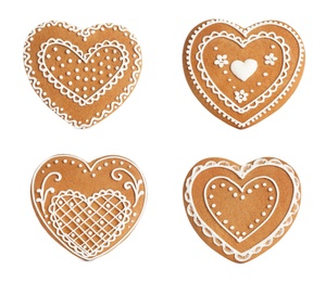 Set of Christmas gingerbread heart shaped cookies on white background