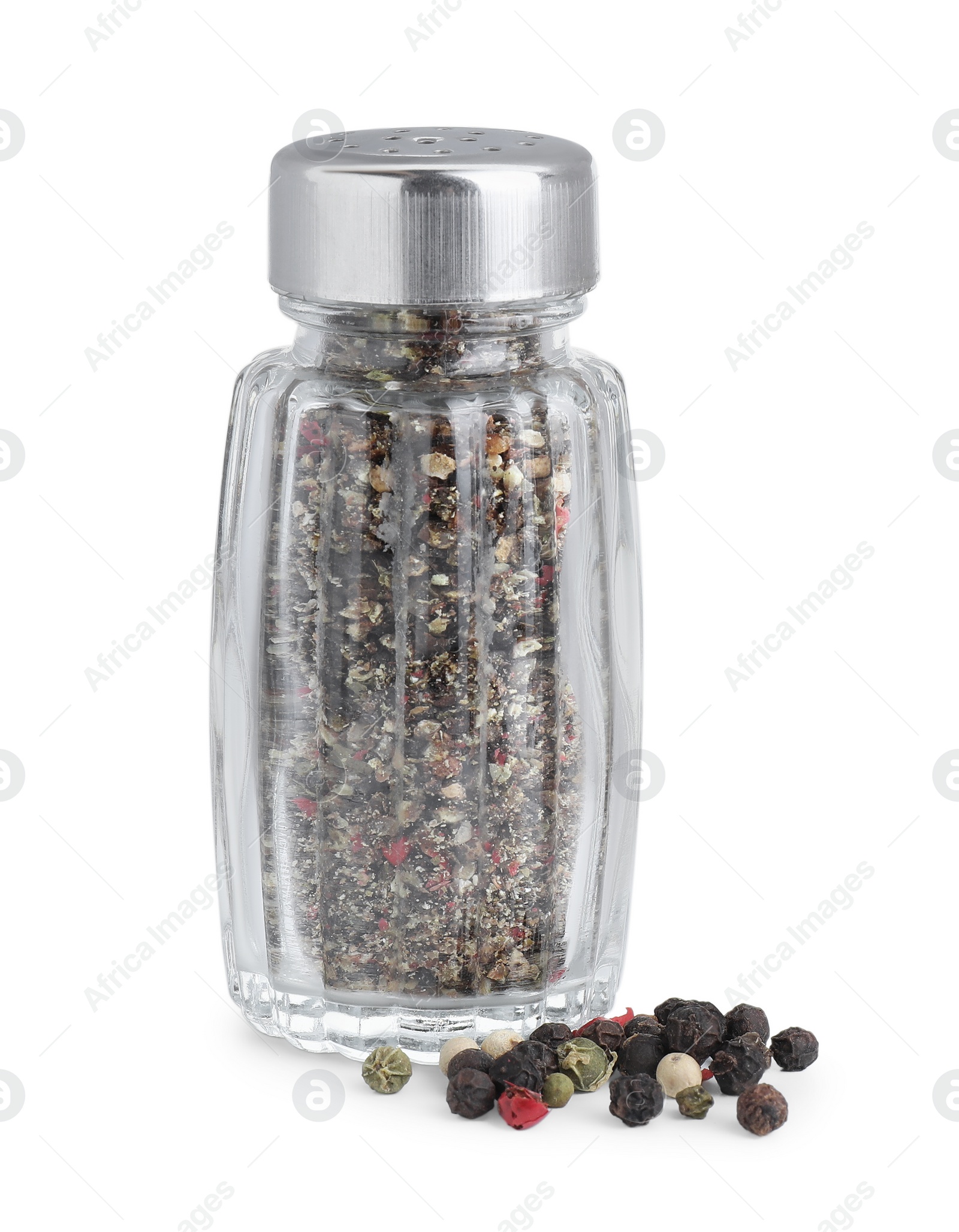 Photo of Glass shaker with pepper isolated on white