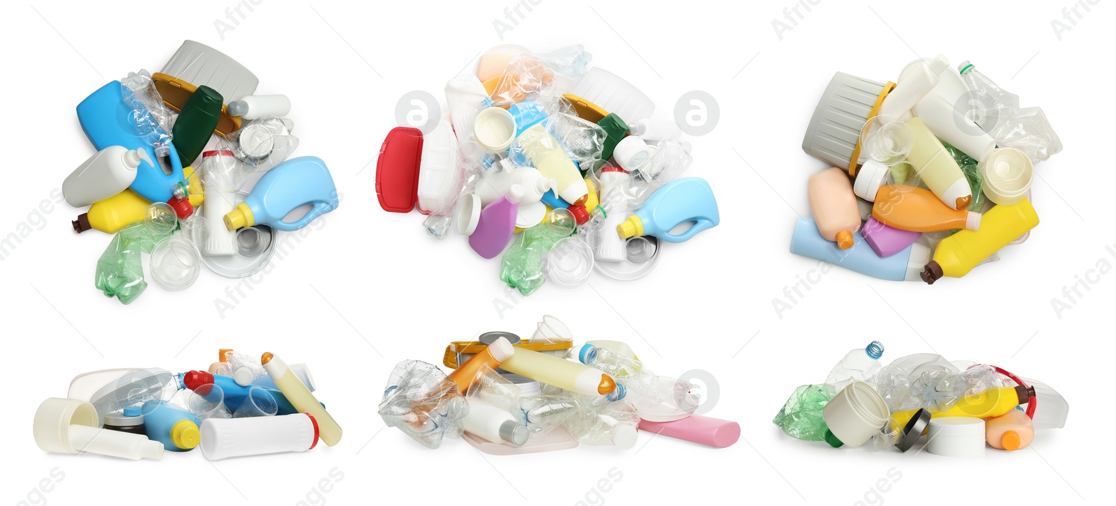 Image of Set with piles of plastic garbage on white background. Banner design