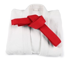 Photo of Red karate belt and kimono isolated on white