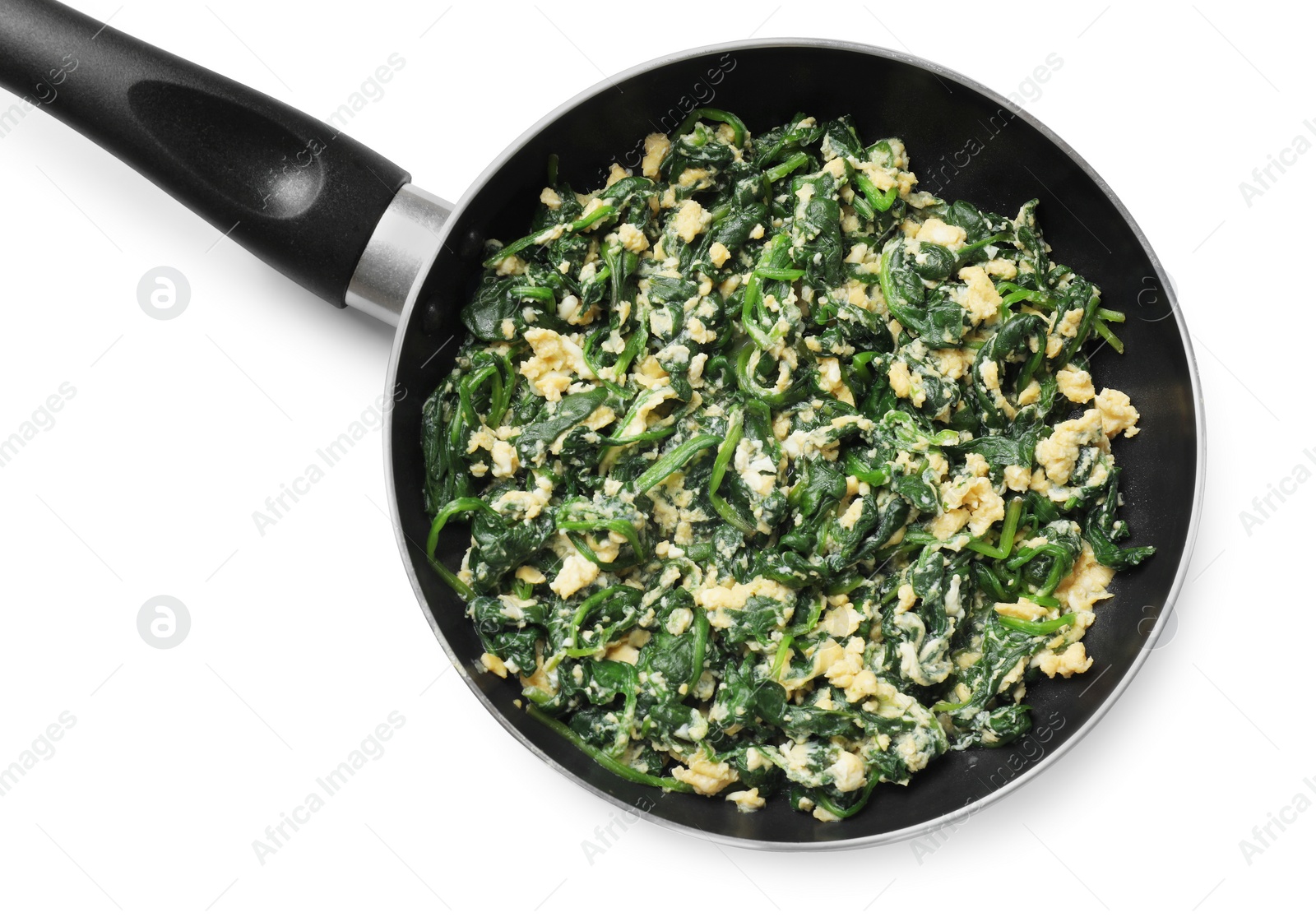 Photo of Tasty spinach dip with eggs in frying pan isolated on white, top view