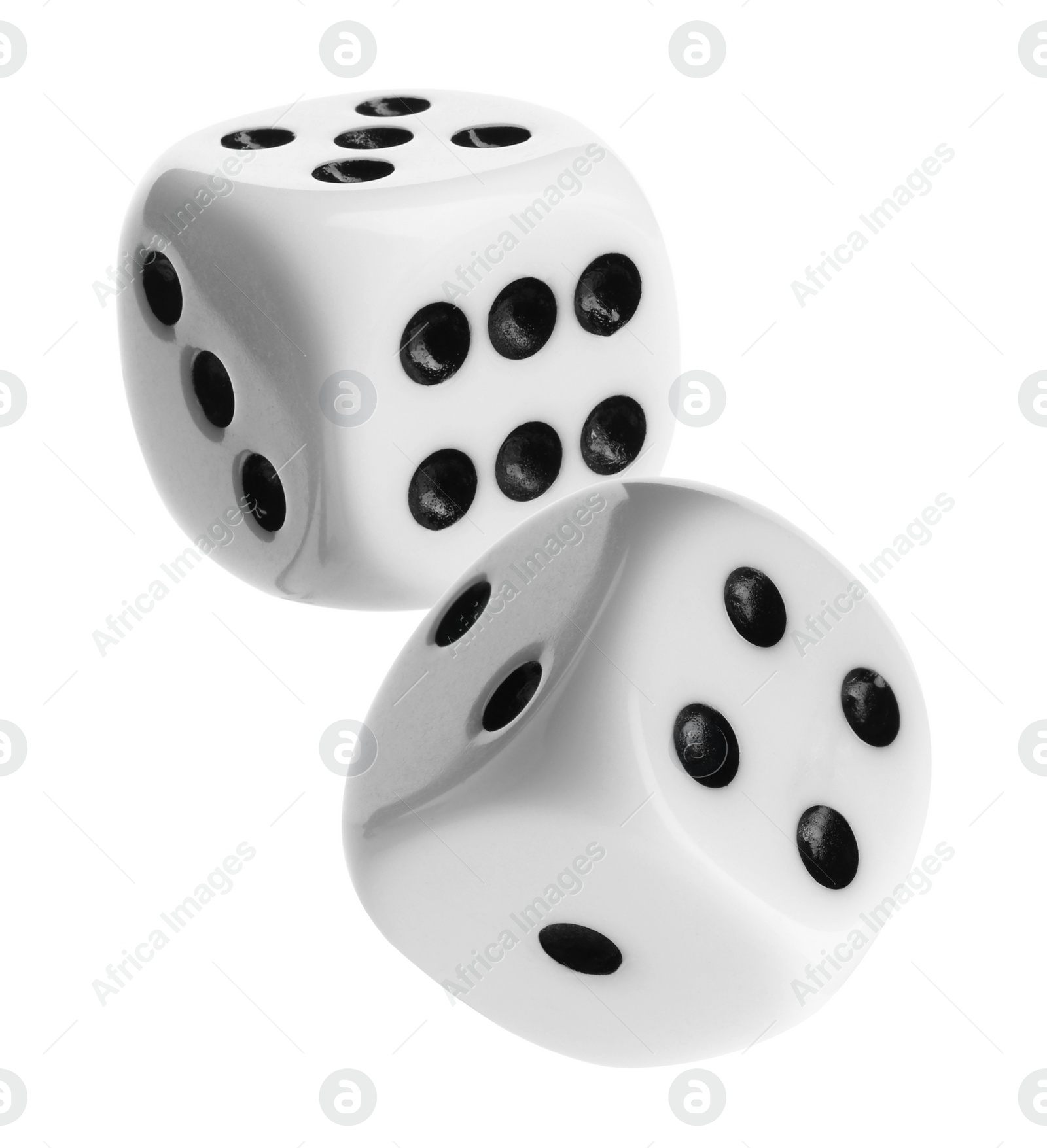 Image of Two dice in air on white background