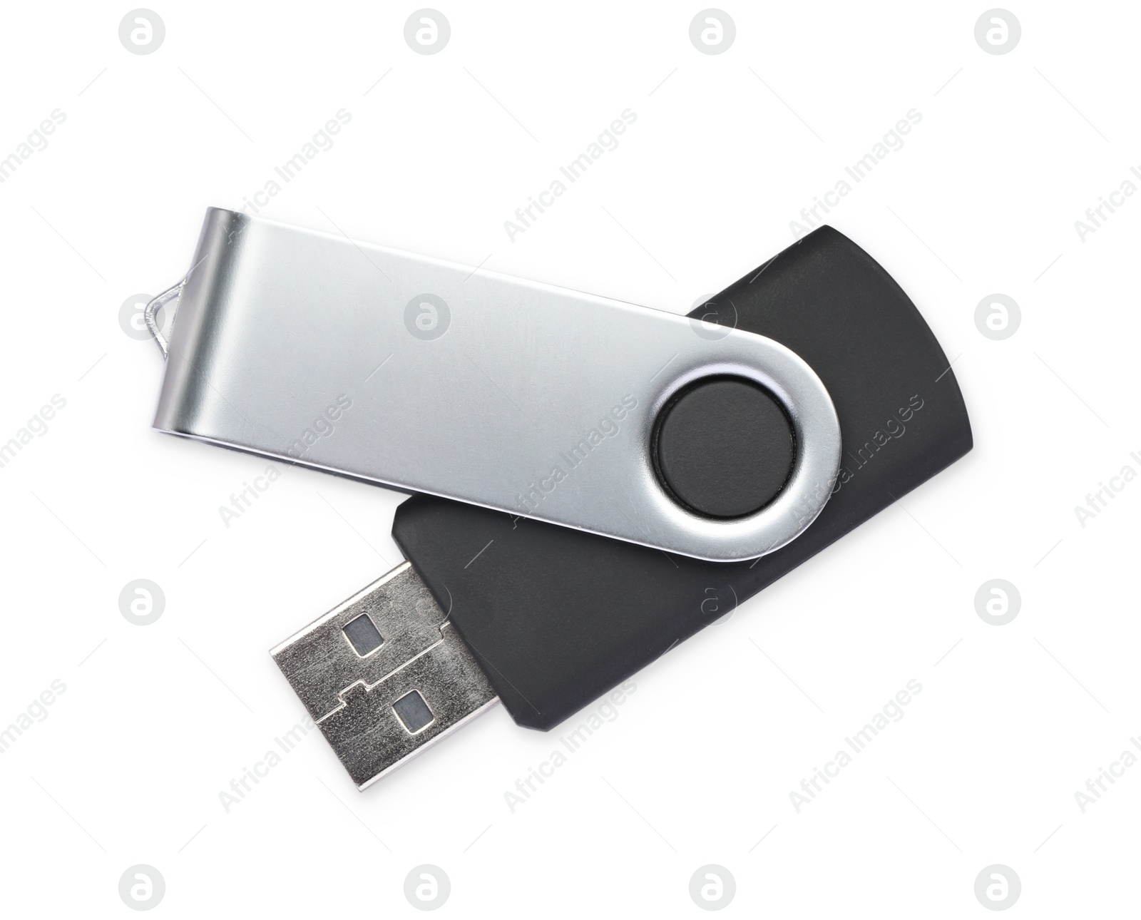 Photo of Modern usb flash drive isolated on white, top view