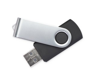 Photo of Modern usb flash drive isolated on white, top view