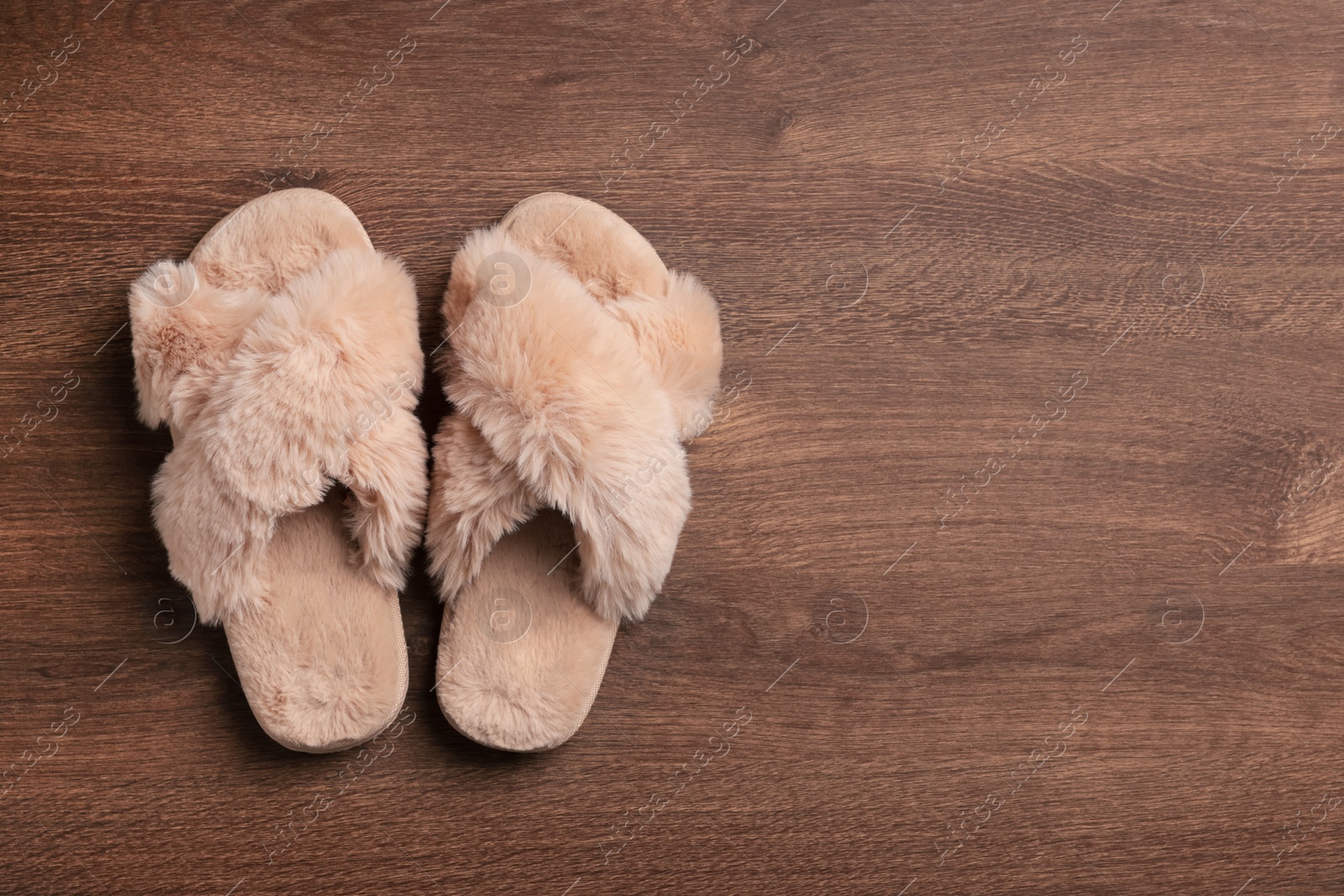 Photo of Pair of soft slippers on wooden floor, top view. Space for text