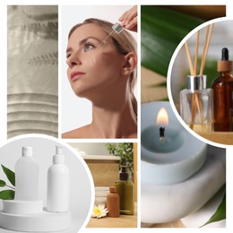 Image of Spa treatment, collage. Photo of beautiful woman applying serum, different skin care products