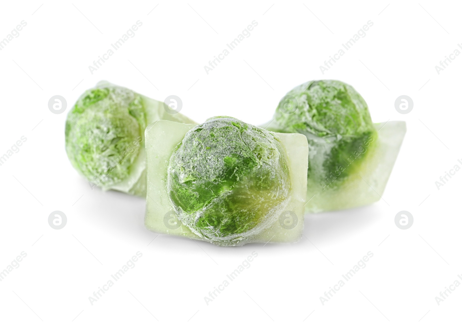 Photo of Brussels sprouts in ice cubes on white background. Frozen vegetables