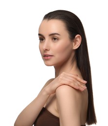 Portrait of beautiful young woman on white background