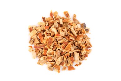 Photo of Pile of dried orange zest seasoning isolated on white, top view