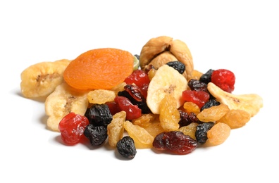 Different dried fruits on white background. Healthy lifestyle