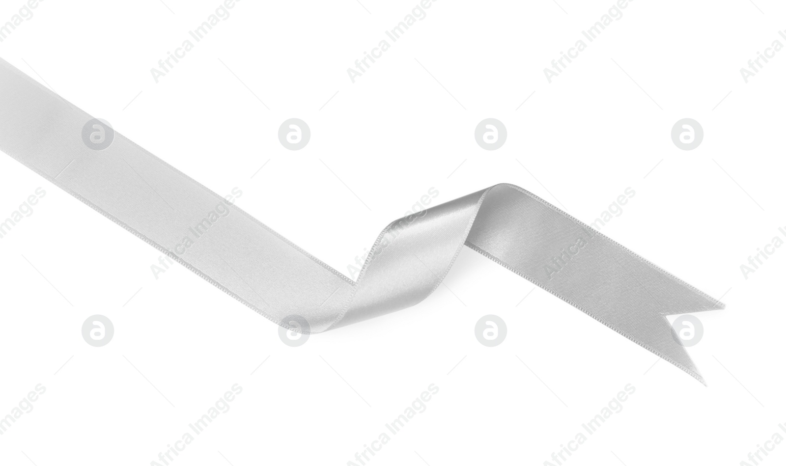 Photo of Silver satin ribbon on white background, top view