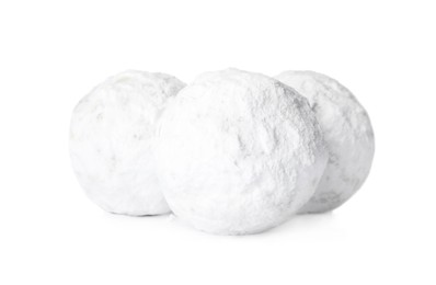 Photo of Tasty Christmas snowball cookies on white background