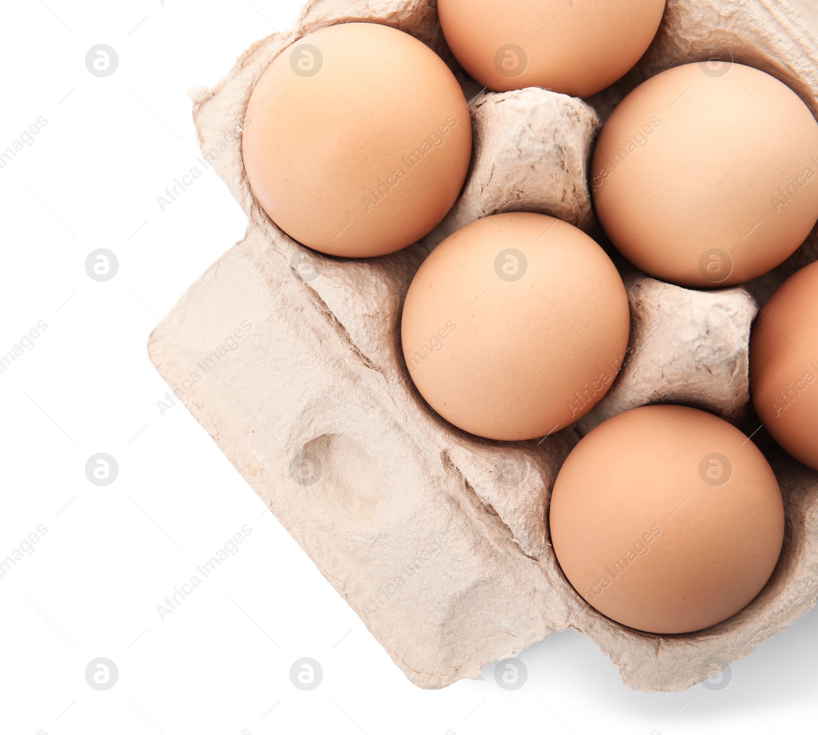 Photo of Carton of raw chicken eggs on white background, top view