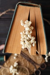 Photo of Book with flowers as bookmark on wooden table, closeup