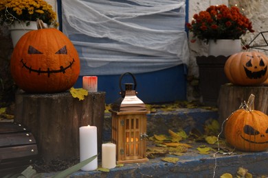 House porch decorated for traditional Halloween celebration