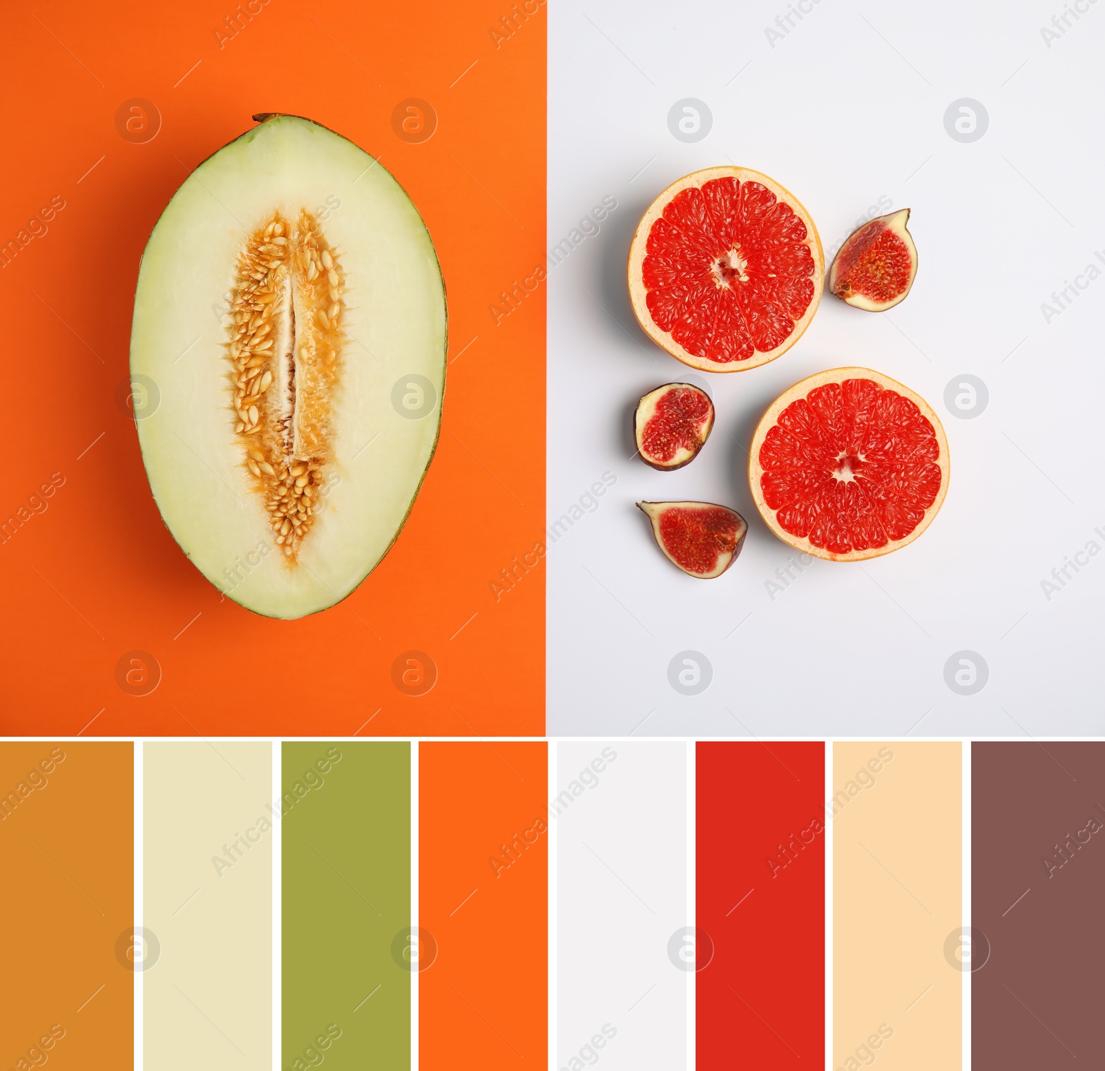 Image of Color palette and composition with fresh fruits, top view