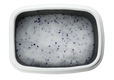 Photo of Cat litter tray with filler isolated on white, top view