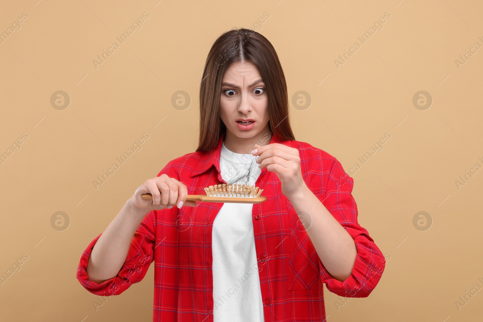 Photo of Emotional woman untangling her lost hair from brush on beige background. Alopecia problem