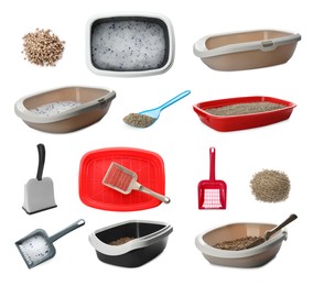 Image of Set with different cat litters, plastic scoops and trays on white background