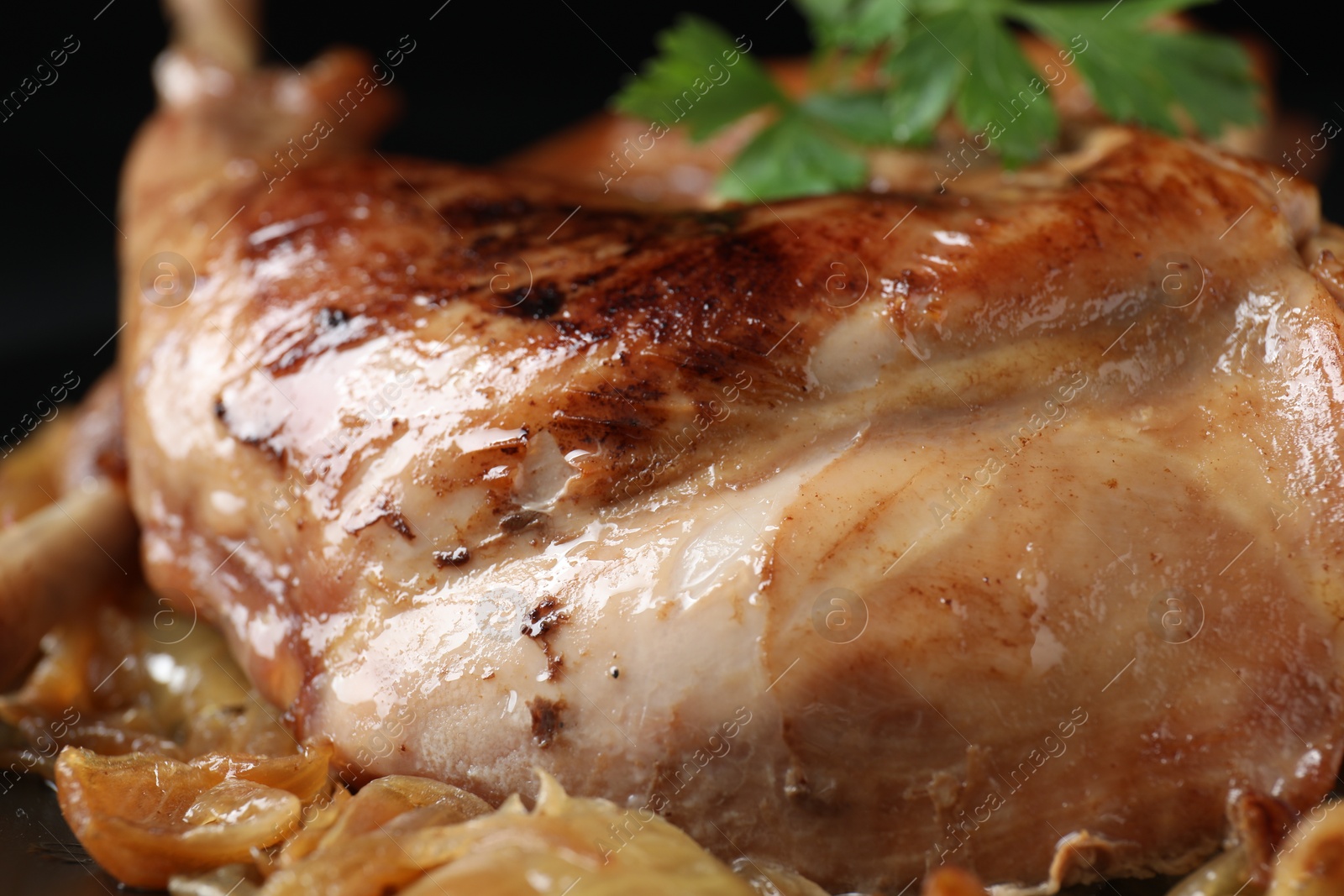Photo of Tasty cooked rabbit meat with vegetables, closeup
