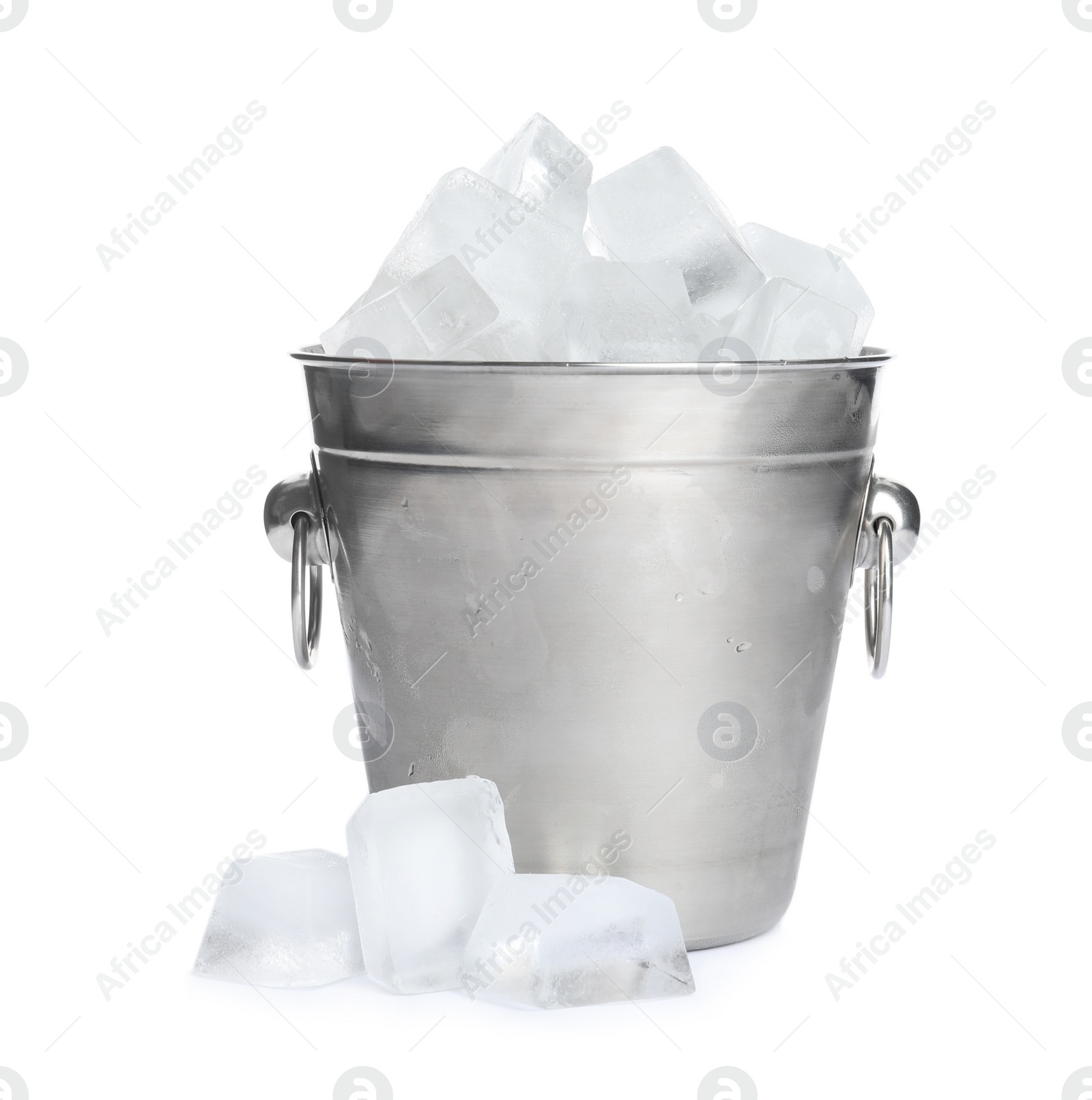 Photo of Metal bucket with ice cubes isolated on white