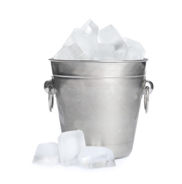 Metal bucket with ice cubes isolated on white