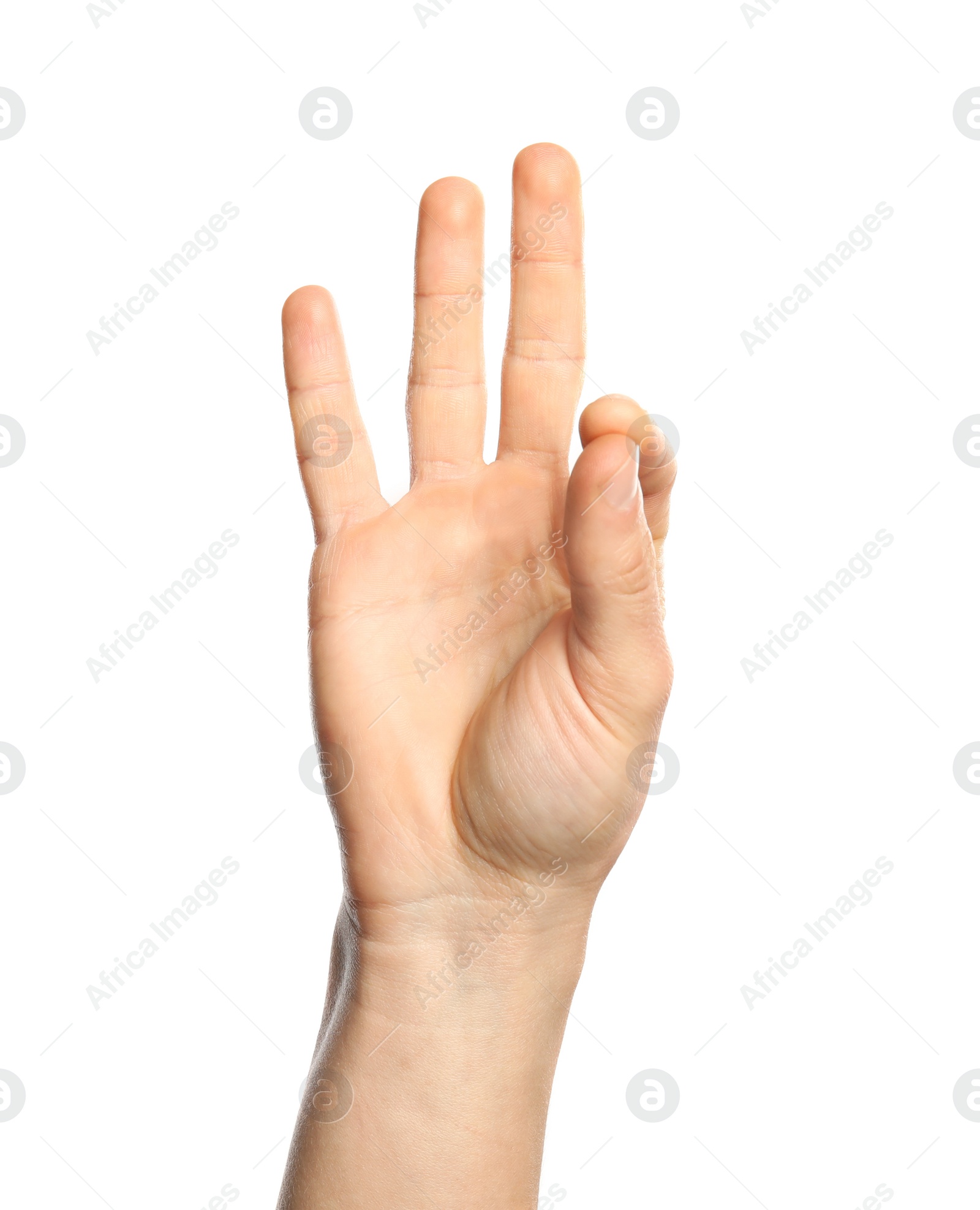 Photo of Man showing number nine on white background, closeup. Sign language