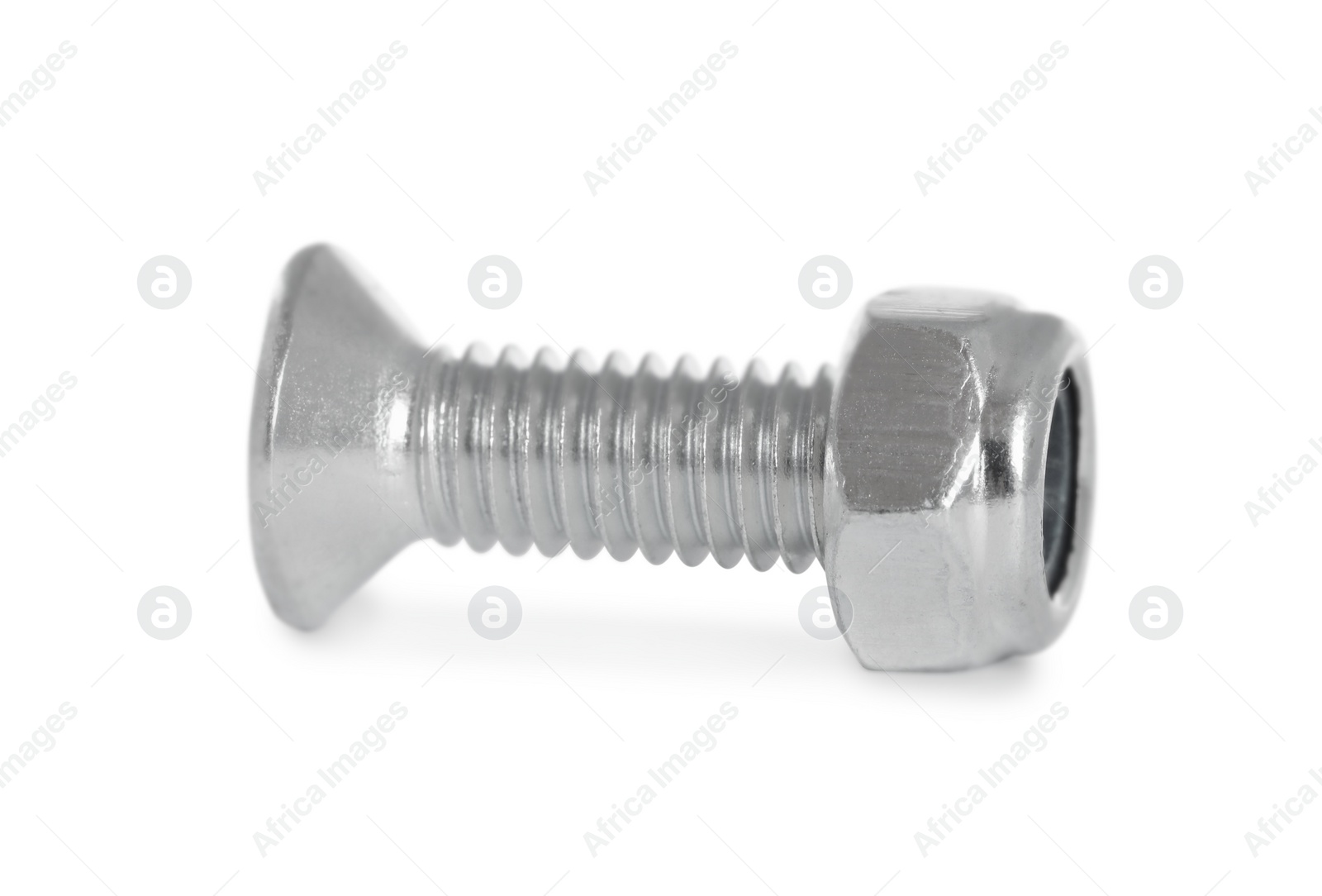 Photo of Metal plow bolt with nut isolated on white