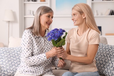 Photo of Happy mature mother and her daughter with beautiful cornflowers at home