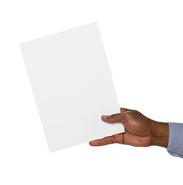 Photo of African American man holding sheet of paper on white background, closeup. Mockup for design