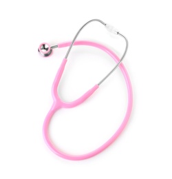 Photo of Stethoscope on white background, top view. Medical device