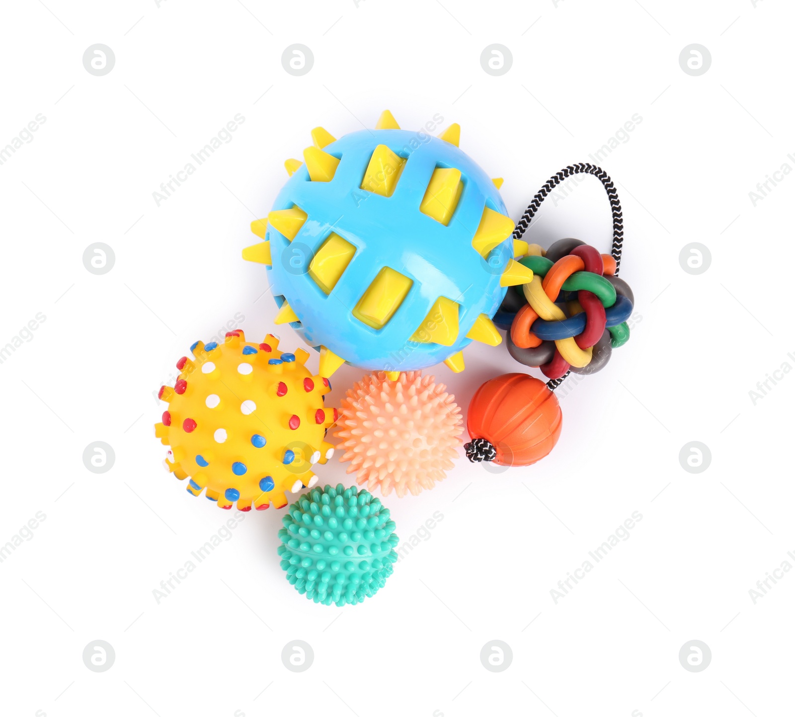 Photo of Different bright pet toys on white background, top view. Shop assortment