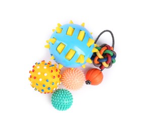 Photo of Different bright pet toys on white background, top view. Shop assortment
