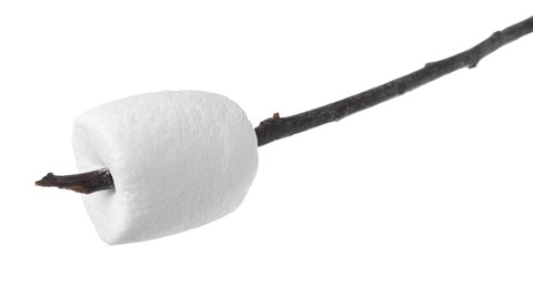 Photo of Twig with delicious puffy marshmallow isolated on white