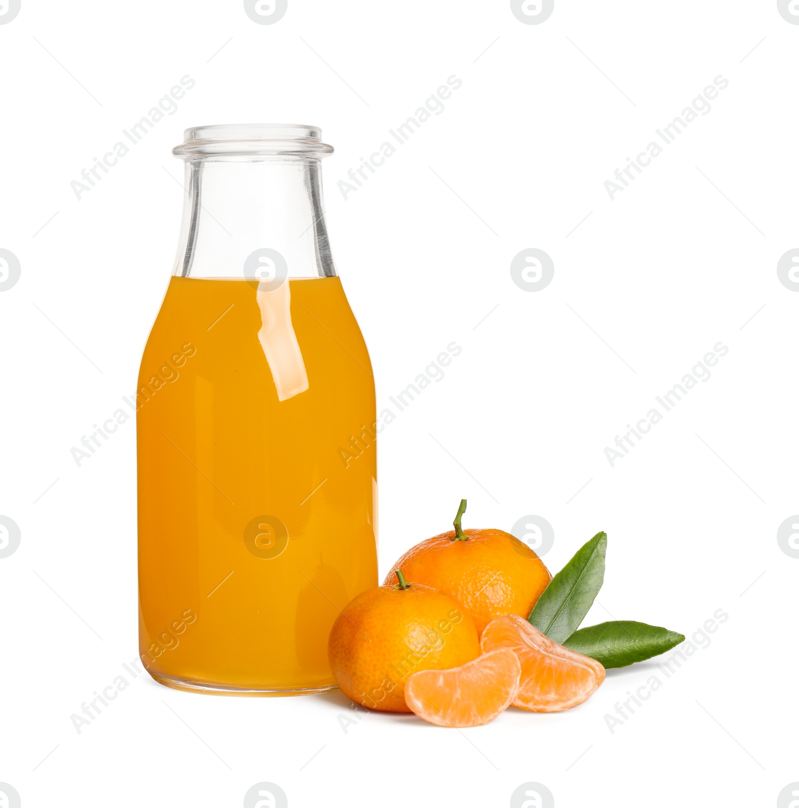 Photo of Fresh tangerines and bottle of juice isolated on white