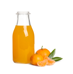 Fresh tangerines and bottle of juice isolated on white