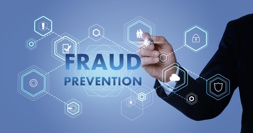 Image of Fraud prevention. Man using digital screen, closeup. Scheme with icons on light blue background