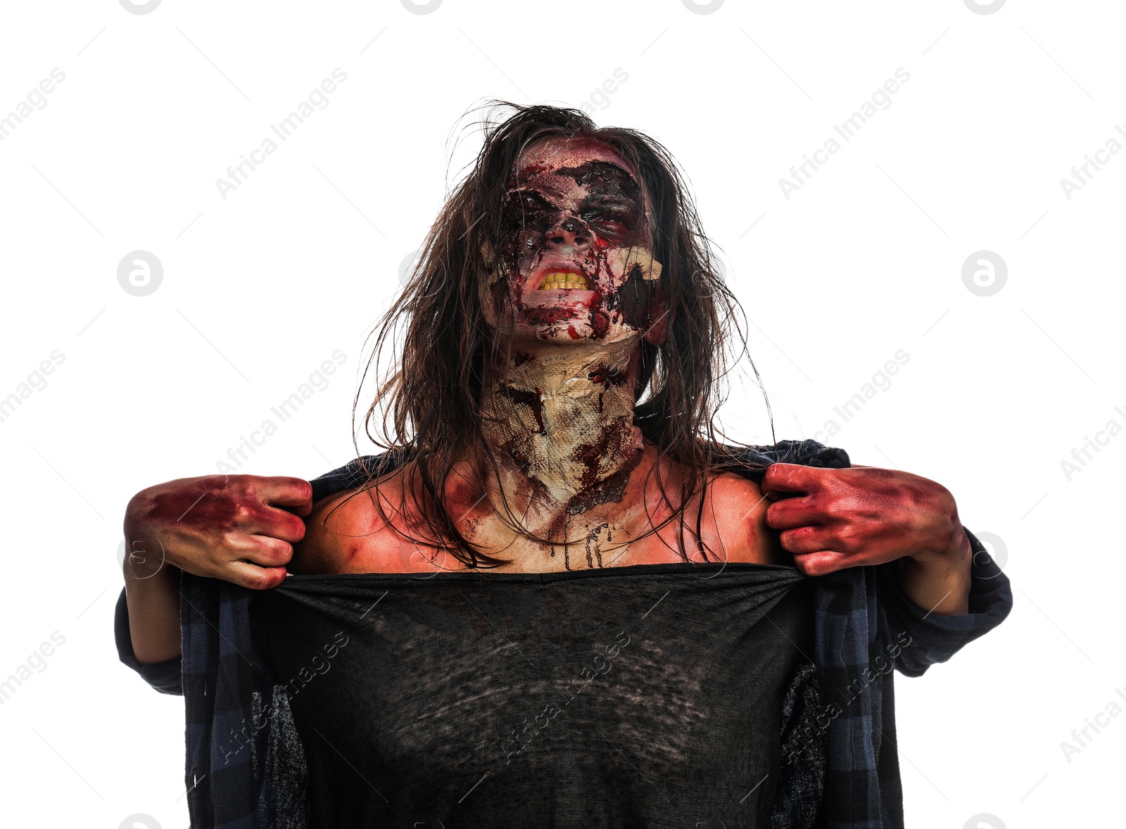 Photo of Scary zombie on white background. Halloween monster