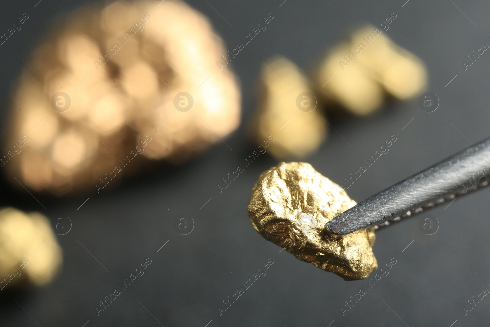 Photo of Tweezer with shiny gold nugget on blurred background, closeup. Space for text