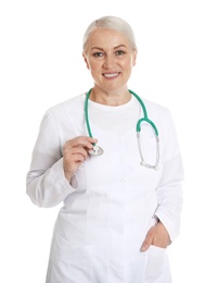 Photo of Portrait of female doctor isolated on white. Medical staff