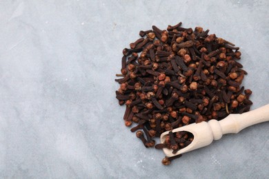 Pile of aromatic dried clove buds and scoop on grey table, top view. Space for text